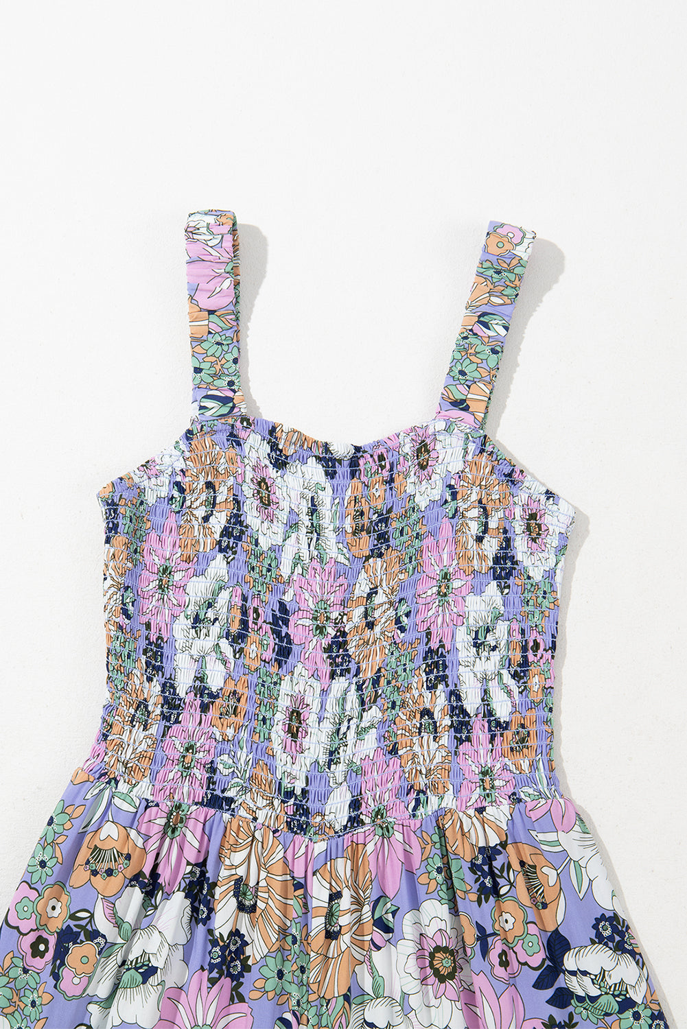 Purple Floral Print Smocked High Waist Square Neck Jumpsuit Dresses JT's Designer Fashion