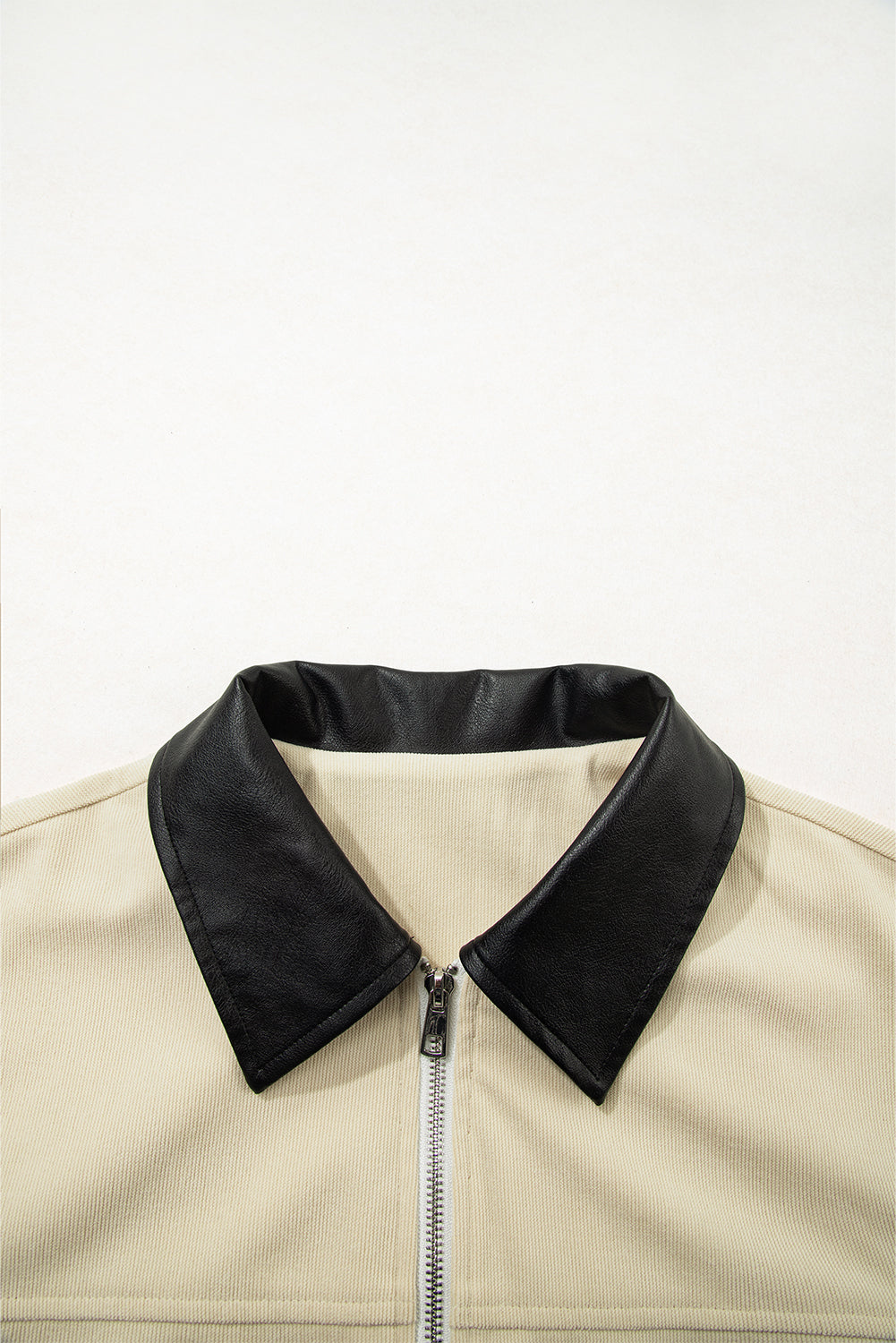 Parchment Contrast Leather Collar Textured Zip Up Jacket Jackets JT's Designer Fashion