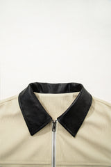 Parchment Contrast Leather Collar Textured Zip Up Jacket Jackets JT's Designer Fashion