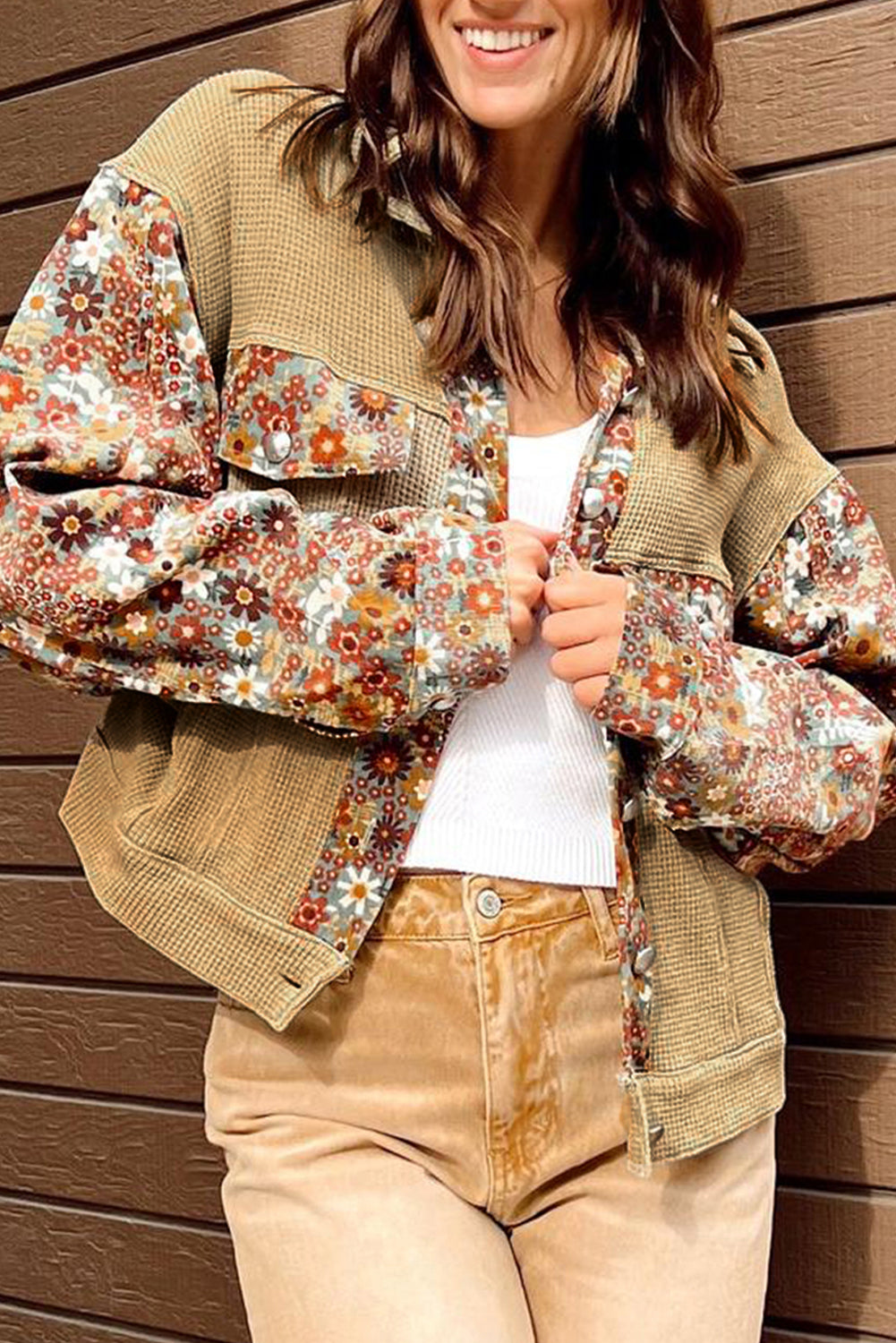 Khaki Waffle Knit Floral Print Patchwork Button up Jacket Khaki 65%Cotton+35%Polyester Jackets JT's Designer Fashion