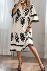 Beige Western Geometric Print 3/4 Sleeve Loose Midi Dress Midi Dresses JT's Designer Fashion