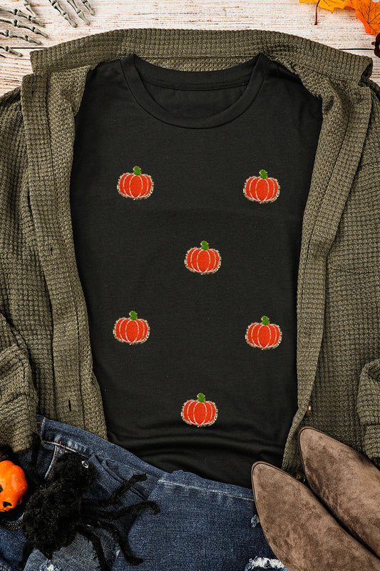 Black Chenille Pumpkin Patched Casual Cotton Blend T Shirt Graphic Tees JT's Designer Fashion