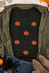 Black Chenille Pumpkin Patched Casual Cotton Blend T Shirt Graphic Tees JT's Designer Fashion