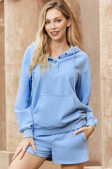 Light Blue Button Drawstring Hooded Pullover and Casual Short Set Short Sets JT's Designer Fashion