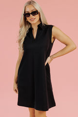 Black Solid Color Collared Slit Neck Sleeveless Mini Dress Mini Dresses JT's Designer Fashion