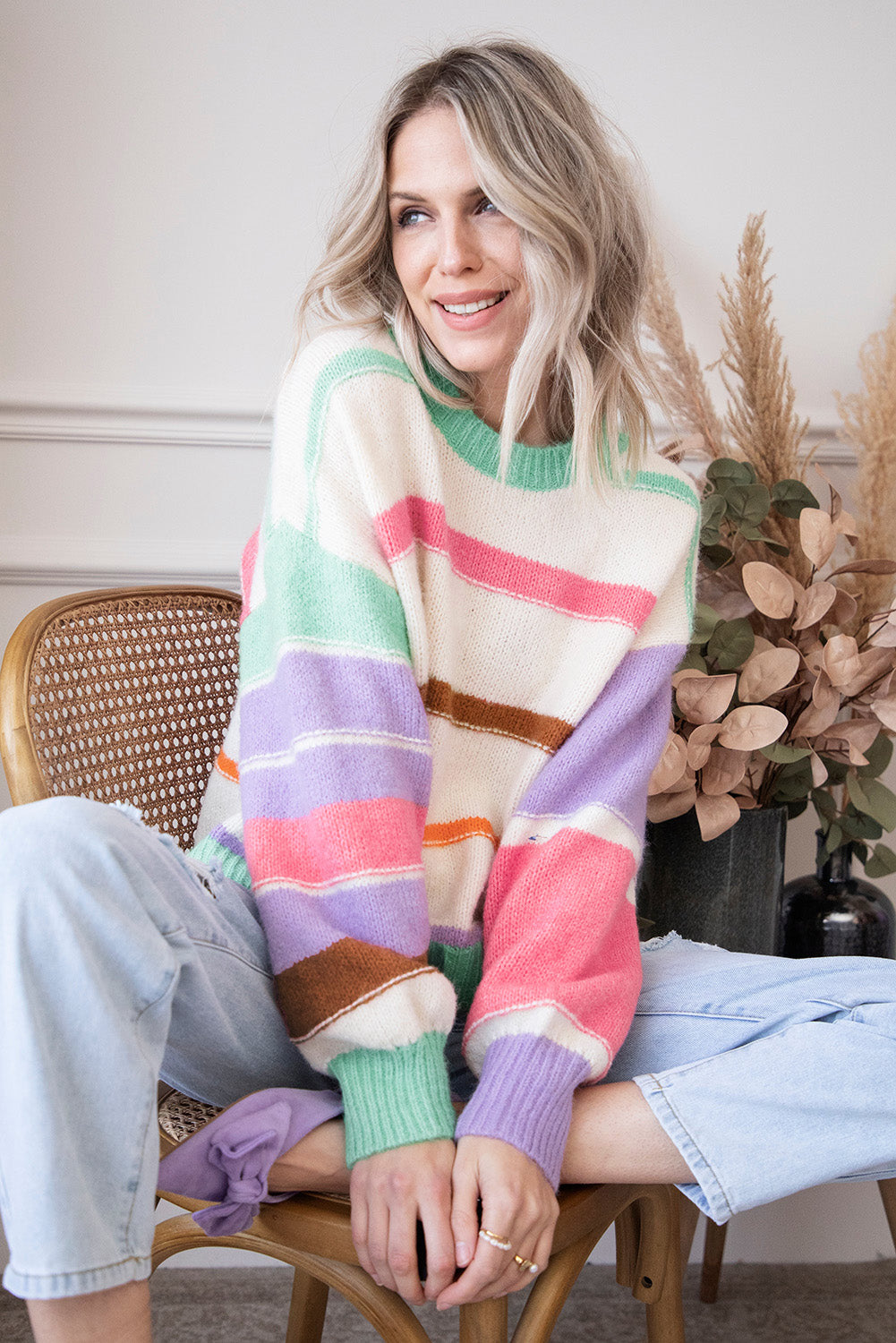 Multicolor Striped Colorblock Drop Shoulder Sweater Sweaters & Cardigans JT's Designer Fashion