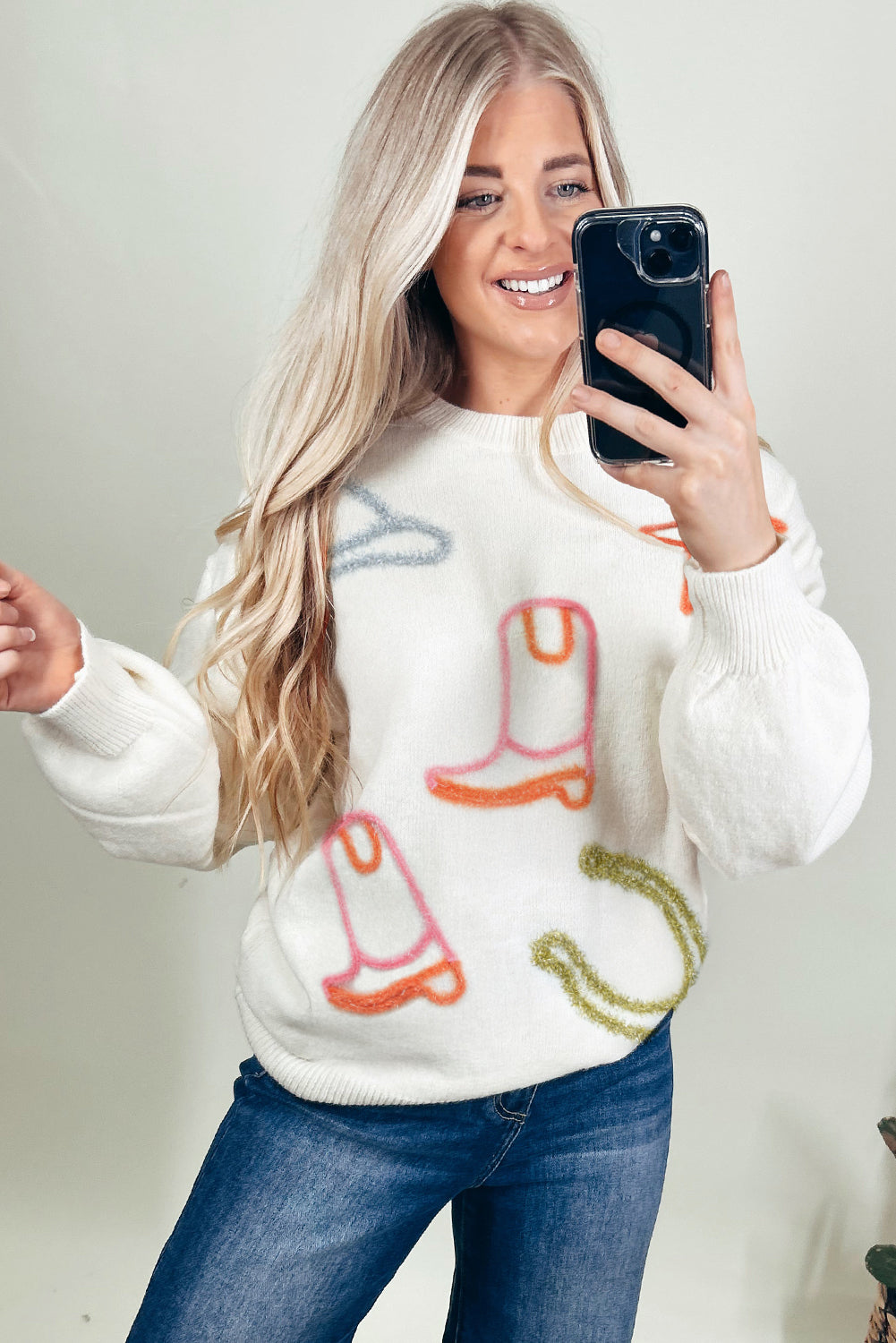 White Tinsel Western Boots Horseshoe Star Knit Crew Neck Sweater Sweaters JT's Designer Fashion
