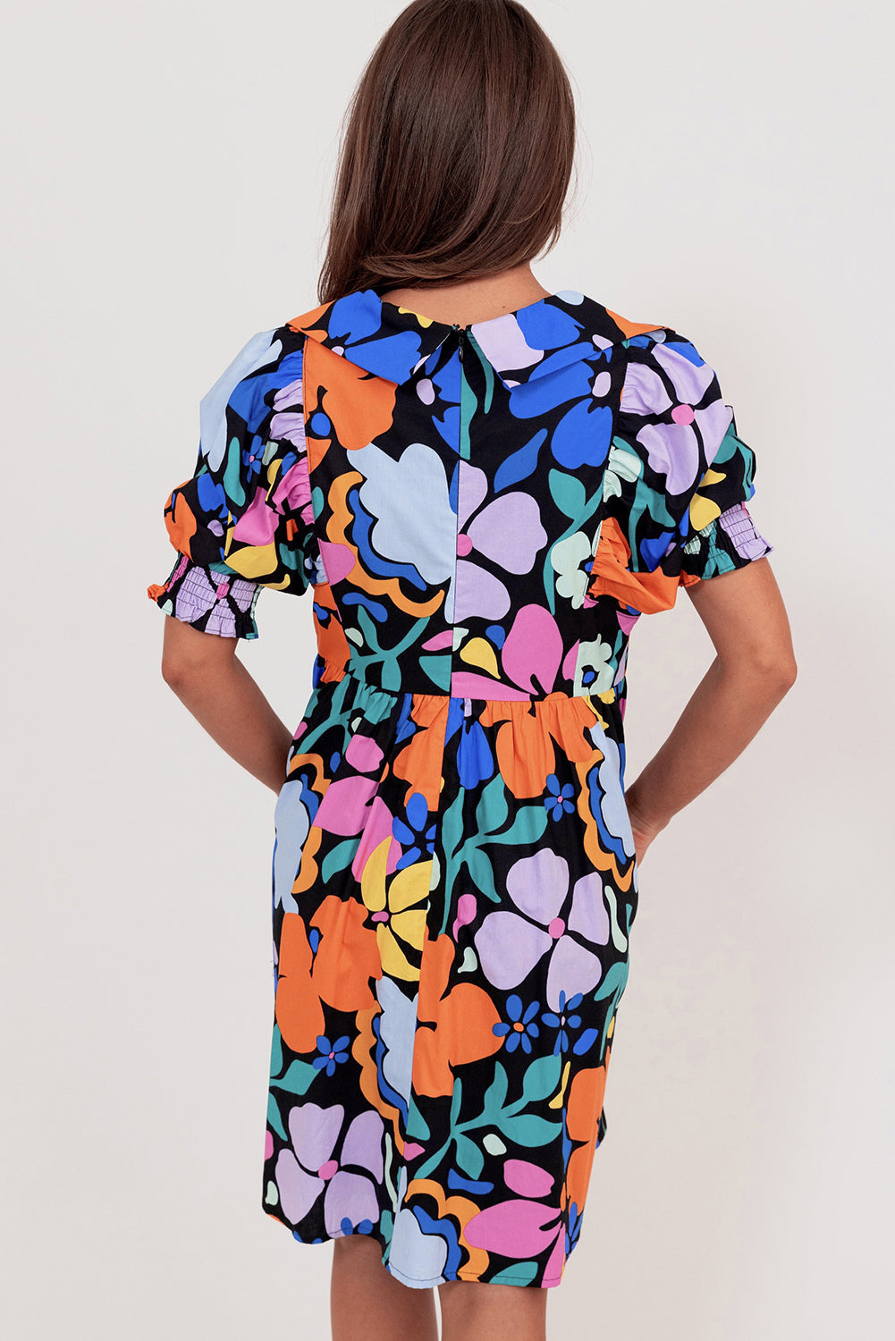 Blue Collared Split Neck Floral Flared Dress Floral Dresses JT's Designer Fashion