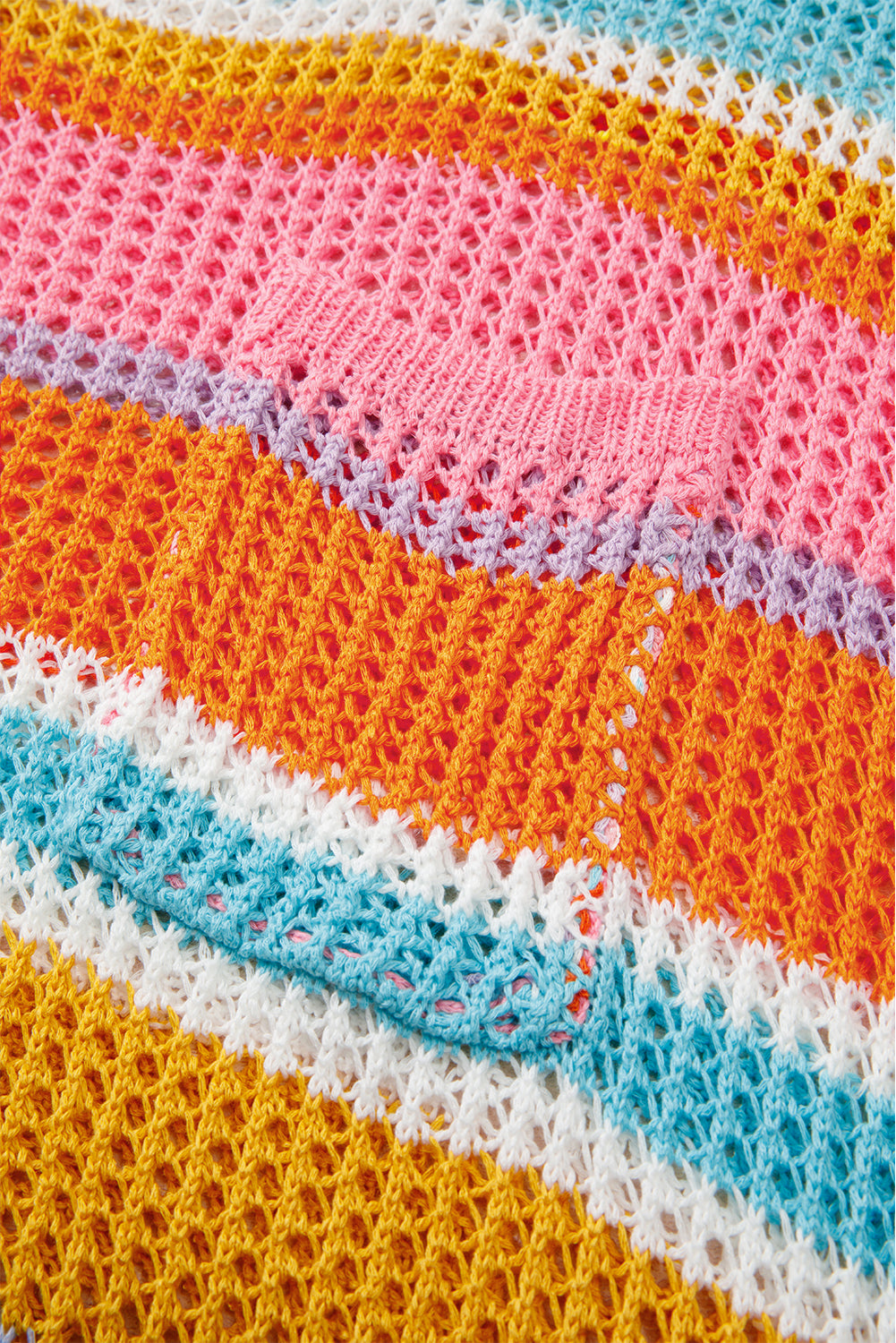 Pink Stripe Plus Size Open Knit Patch Pocket Short Sleeve Sweater Plus Size Sweaters & Cardigans JT's Designer Fashion