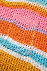 Pink Stripe Plus Size Open Knit Patch Pocket Short Sleeve Sweater Plus Size Sweaters & Cardigans JT's Designer Fashion
