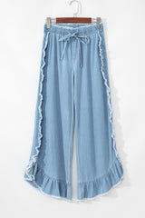 Myosotis Light Wash Raw Hem Ruffled Wide Leg Jeans Jeans JT's Designer Fashion