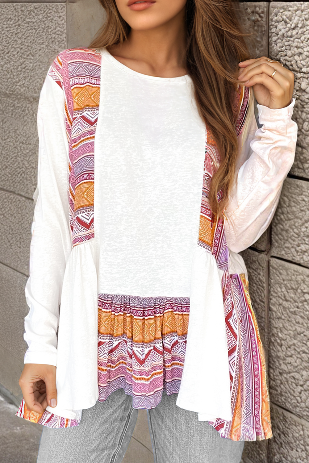 White Western Aztec Print Patchwork Ruffled Tunic Long Sleeve Babydoll Top Long Sleeve Tops JT's Designer Fashion