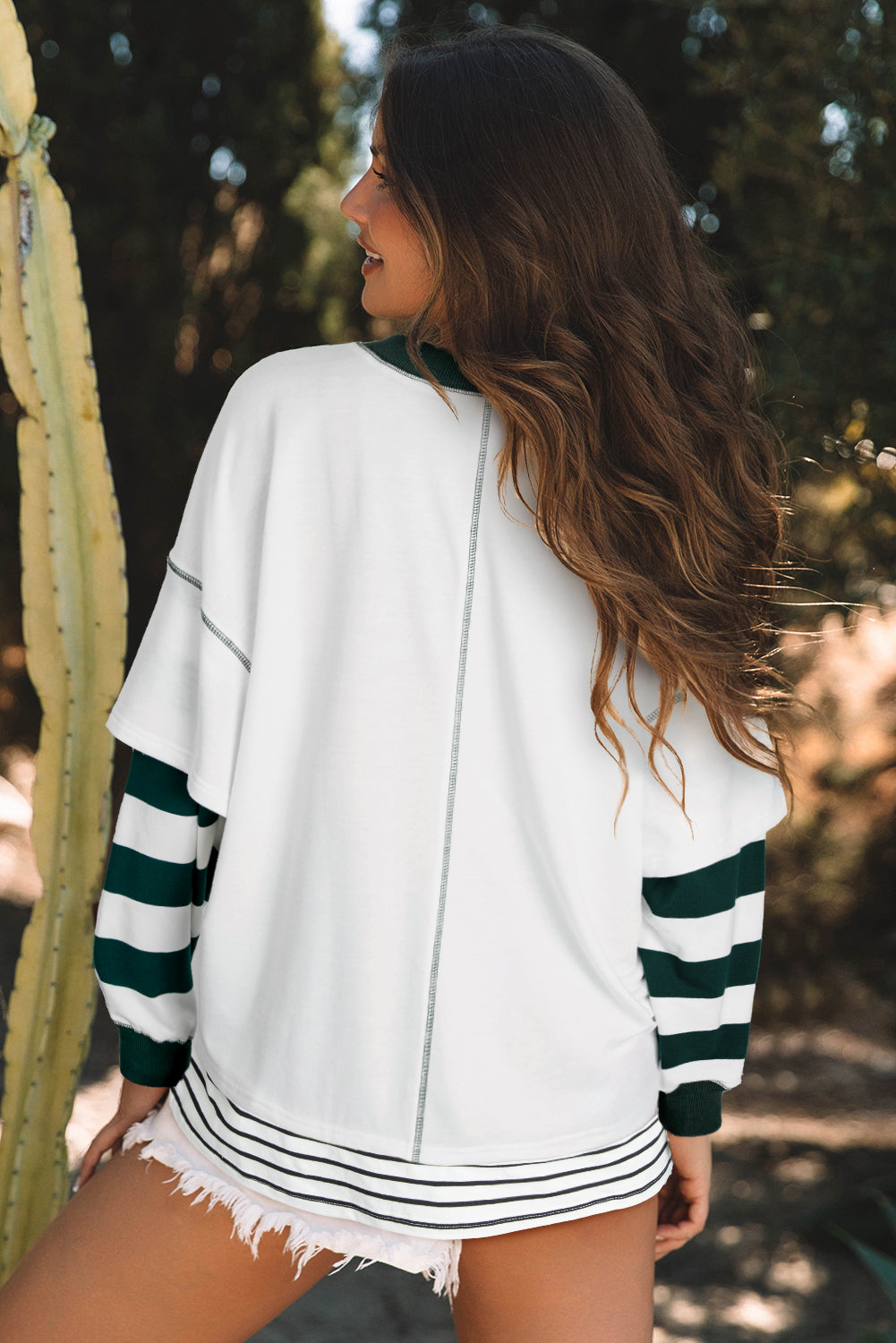 White Stripe Colorblock Sleeve Exposed Seam Fake-2-Piece Sweatshirt Sweatshirts & Hoodies JT's Designer Fashion