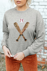 Gray Sequin Baseball Graphic Crewneck Game Day Sweatshirt Graphic Sweatshirts JT's Designer Fashion