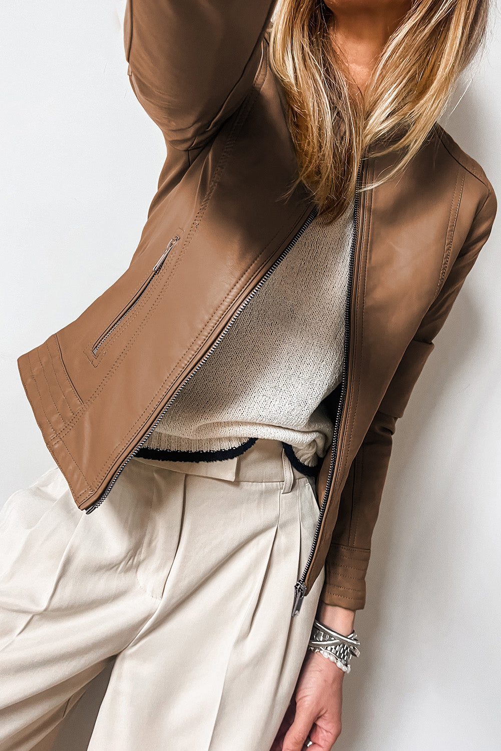 Chestnut Solid Faux Leather Zipper Slim Fit Bomber Jacket Jackets JT's Designer Fashion