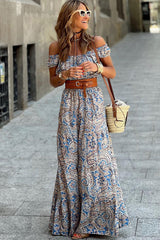 Blue Boho Paisley Print Off Shoulder Maxi Dress Floral Dresses JT's Designer Fashion