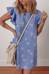 Sky Blue Bow Knot Print Crewneck Ruffled Sleeve Shift Mini Dress Dresses JT's Designer Fashion
