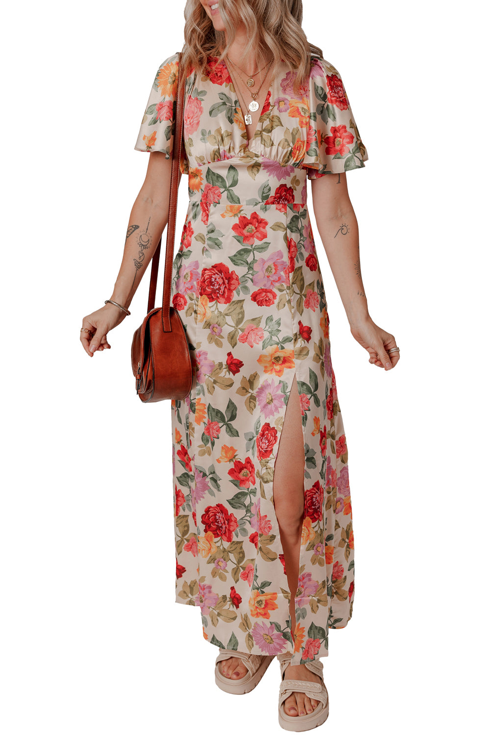 Multicolour Vintage Floral V Neck Short Sleeve Tie Back Long Slit Dress Floral Dresses JT's Designer Fashion