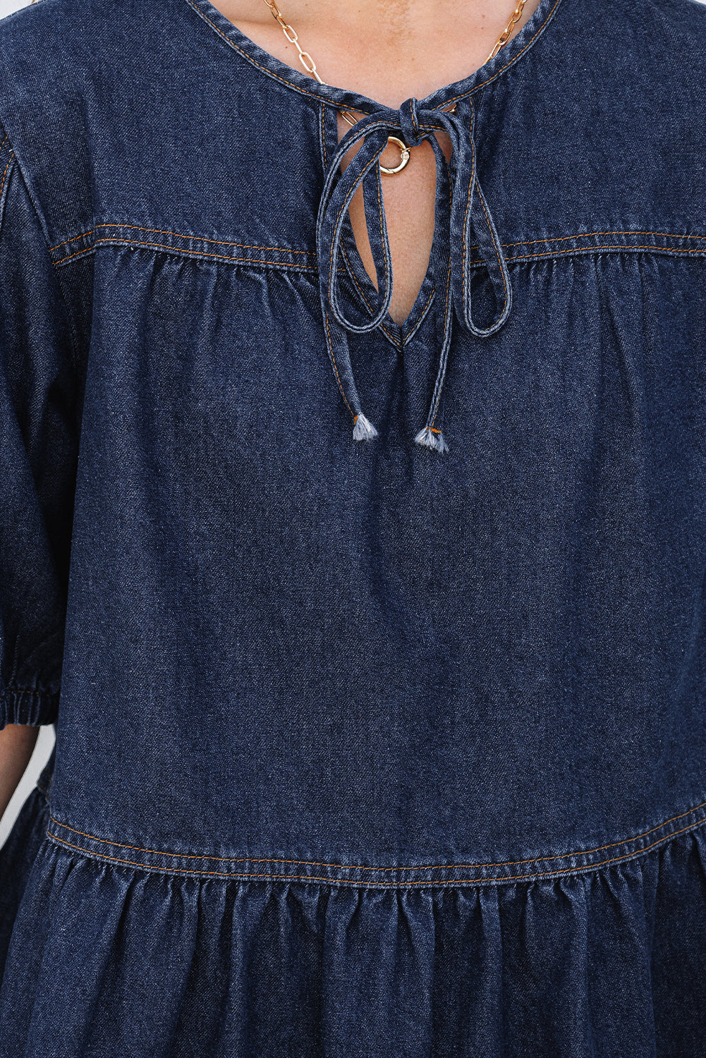 Sail Blue Puff Sleeve Lace-up Neckline Splicing Denim Blouse Blouses & Shirts JT's Designer Fashion