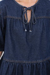 Sail Blue Puff Sleeve Lace-up Neckline Splicing Denim Blouse Blouses & Shirts JT's Designer Fashion