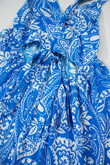 Blue Paisley V Neck Crisscross Backless Long Dress Maxi Dresses JT's Designer Fashion