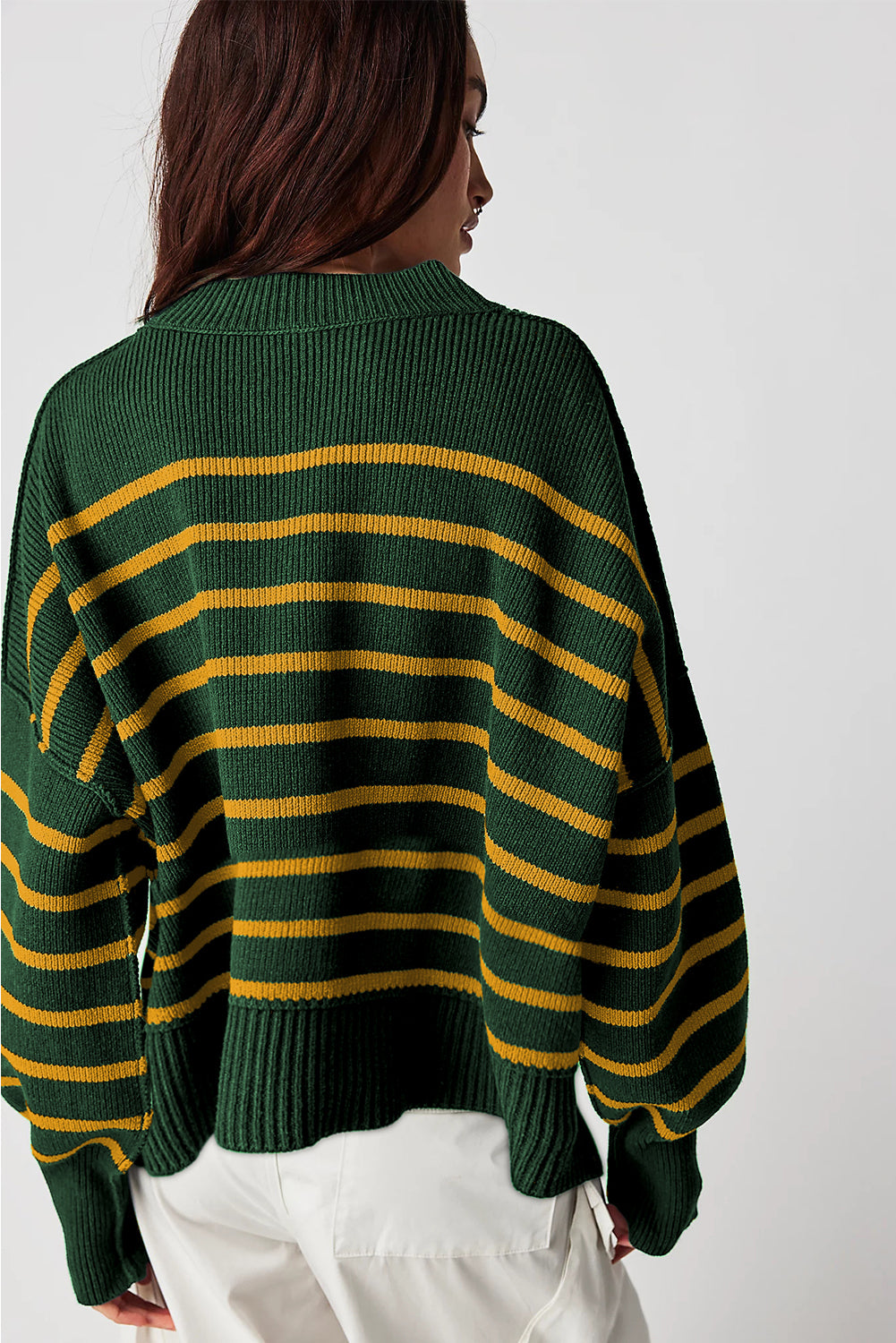 Green Stripe Ribbed Drop Shoulder Baggy Sweater Sweaters JT's Designer Fashion