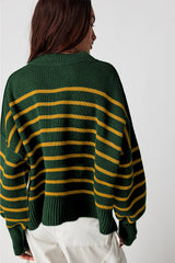 Green Stripe Ribbed Drop Shoulder Baggy Sweater Sweaters JT's Designer Fashion