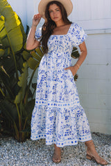 Sky Blue Floral Print Square Neck Bubble Sleeve High Waist Long Dress Maxi Dresses JT's Designer Fashion
