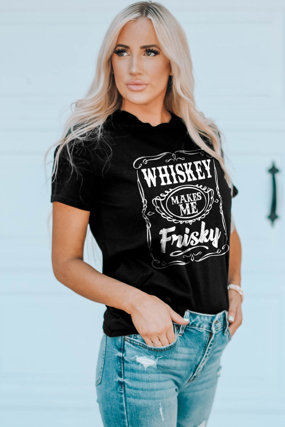 Black WHISKEY Makes Me Frisky Print Graphic Tee Graphic Tees JT's Designer Fashion