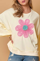 Beige Tinsel Flower Dropped Puff Sleeve Sweatshirt Sweatshirts & Hoodies JT's Designer Fashion