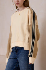 Beige Contrast Striped Patchwork Drop Shoulder Loose Sweatshirt Sweatshirts & Hoodies JT's Designer Fashion
