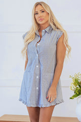 Blue Stripe Frilled Sleeveless Collar Front Pocket Button Up Mini Dress Mini Dresses JT's Designer Fashion