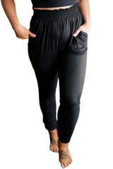 Black Plus Size Frill High Waist Pocketed Soft Pants Plus Size Bottoms JT's Designer Fashion