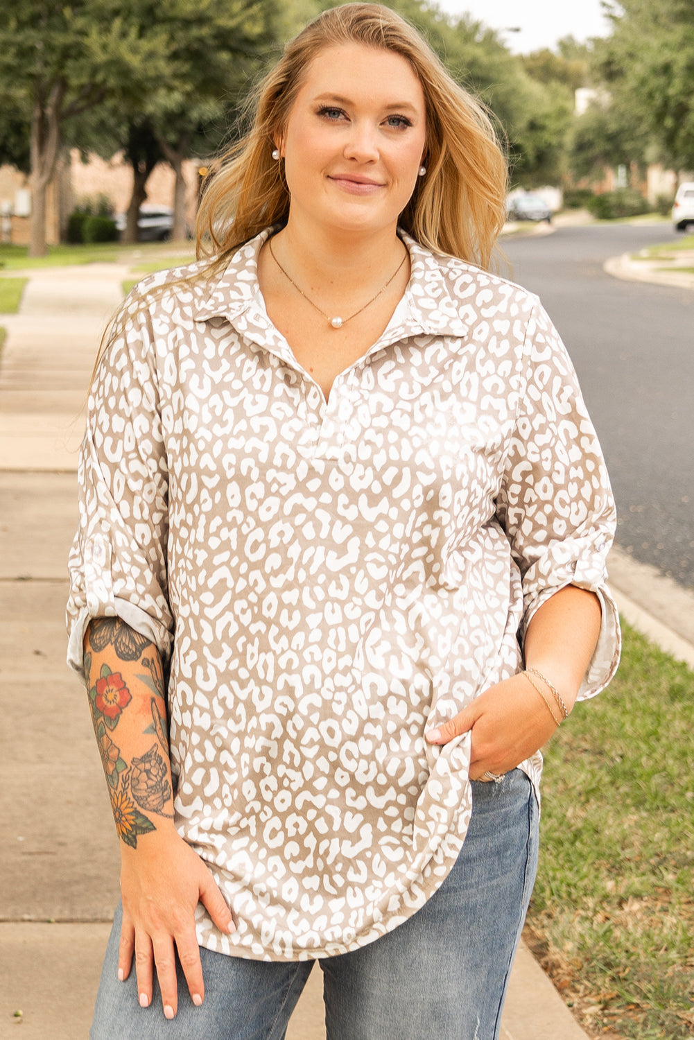 Apricot Leopard Tab Sleeve V Neck Plus Size Top Apricot 95%Polyester+5%Elastane Plus Size Blouses & Shirts JT's Designer Fashion