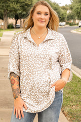 Apricot Leopard Tab Sleeve V Neck Plus Size Top Apricot 95%Polyester+5%Elastane Plus Size Blouses & Shirts JT's Designer Fashion