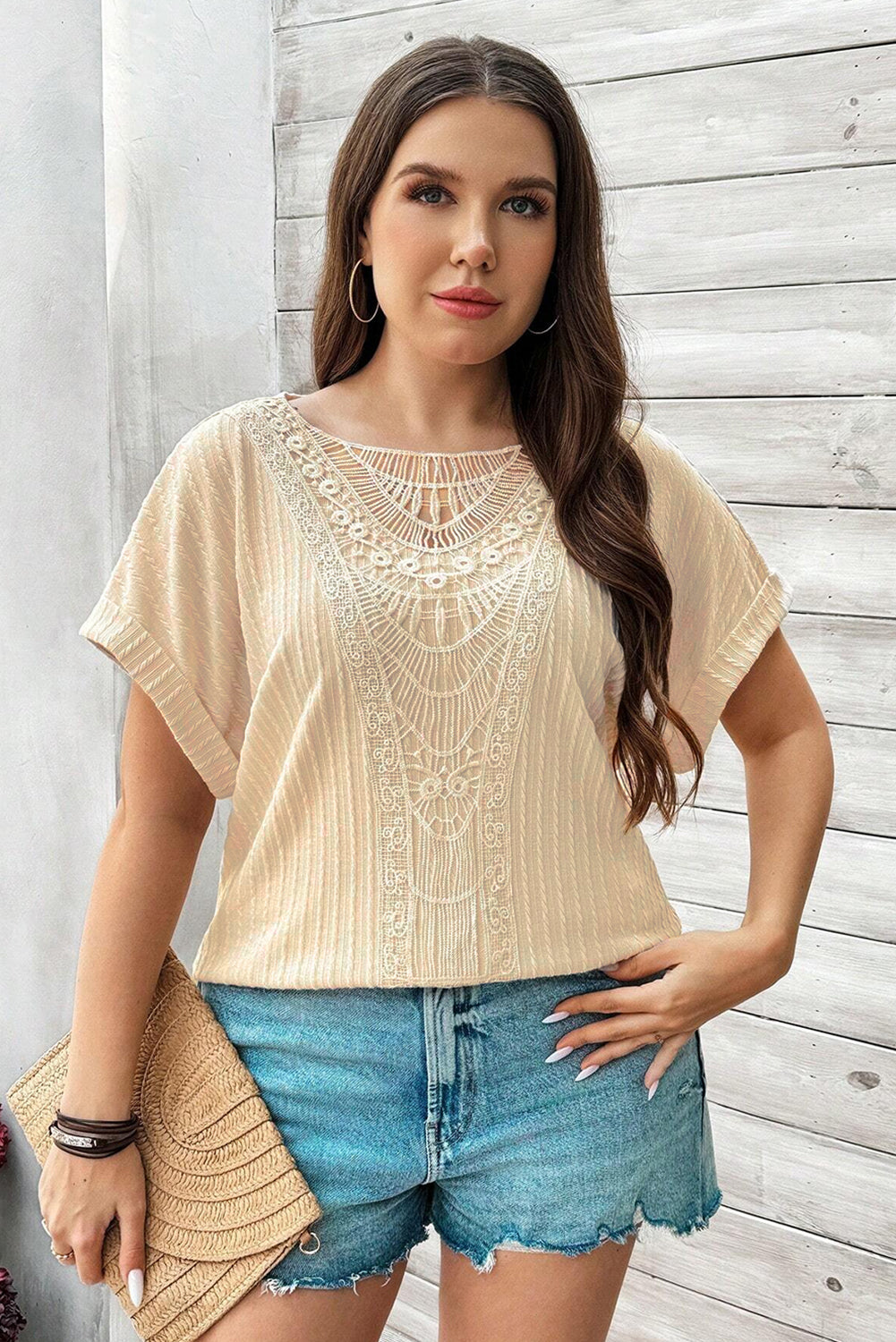 Beige Lace Crochet Patched Cable Textured Cuffed Short Sleeve Plus Size Top Plus Size Tops & Tees JT's Designer Fashion