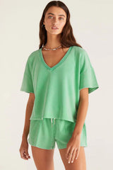 Mint Green V Neck Drop Shoulder Tee and Patchwork Drawstring Elastic Waistband Shorts Set Short Sets JT's Designer Fashion