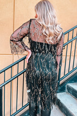 Black Sequin Sheer Long Sleeve Open Front Kimono Kimonos JT's Designer Fashion