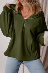 Moss Green Fleece Lined Half Zipper Kangaroo Pockets Loose Hoodie Sweatshirts & Hoodies JT's Designer Fashion