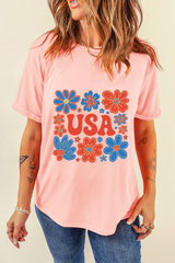 Pink Shimmer Flower USA Letter Printed Casual T Shirt Graphic Tees JT's Designer Fashion