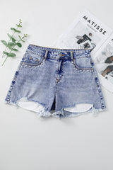 Beau Blue Pearl Studded Pockets Raw Hem Denim Shorts Denim Shorts JT's Designer Fashion