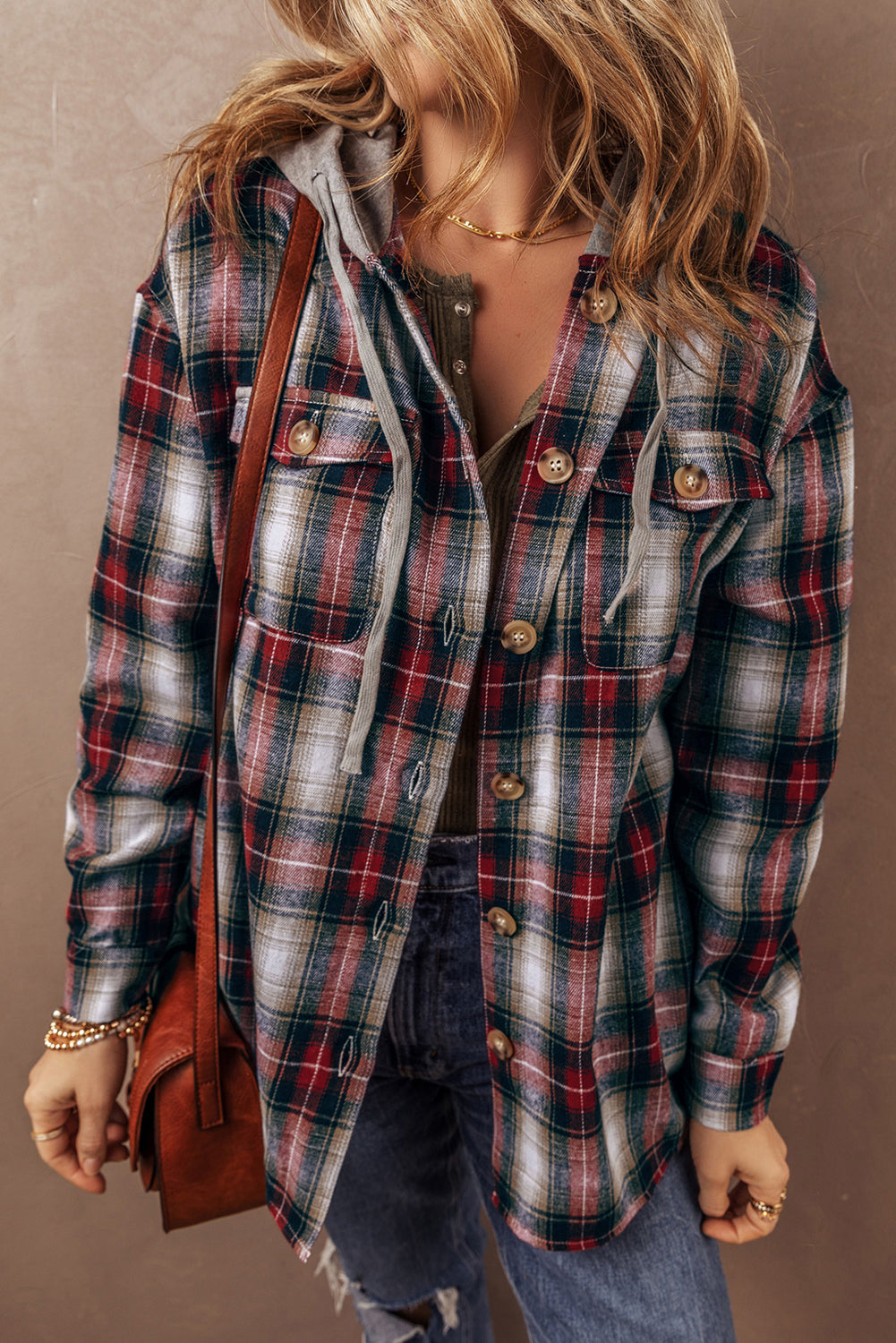 Red Plaid Print Chest Pocket Buttoned Hooded Shacket Red 62.7%Polyester+37.3%Cotton Plaid Shackets JT's Designer Fashion