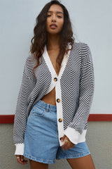 Black Stripe Buttoned Front V Neck Herringbone Cardigan Cardigans JT's Designer Fashion
