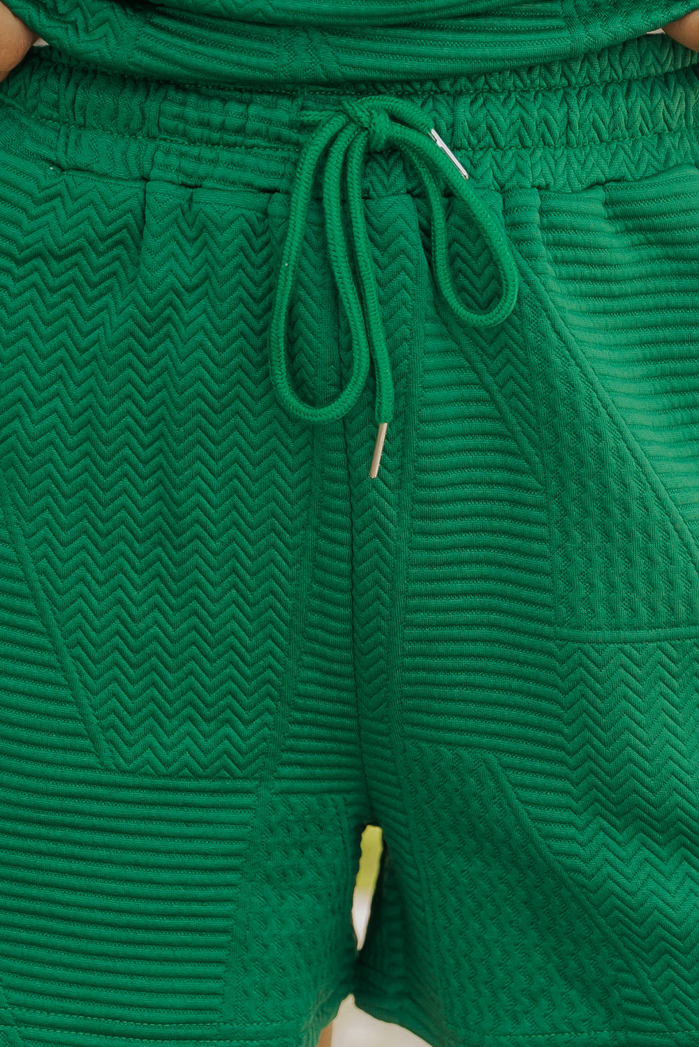 Dark Green Textured Ruffle Split Top and Drawstring Shorts Short Sets JT's Designer Fashion