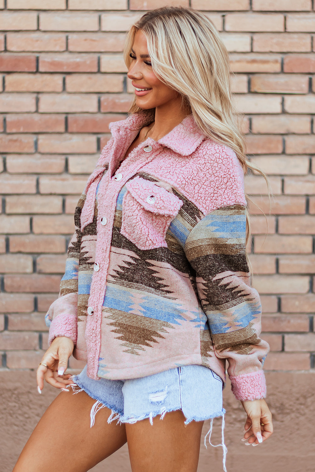 Pink Western Aztec Print Sherpa Splicing Buttoned Flap Pocket Coat Jackets JT's Designer Fashion