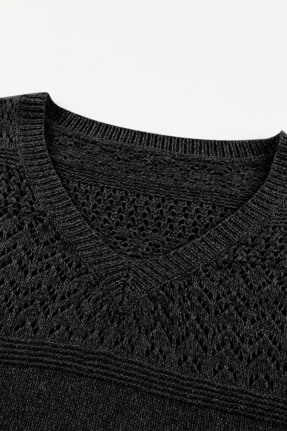 Black Eyelet Pattern Detail V Neck Drop Shoulder Sweater Sweaters JT's Designer Fashion