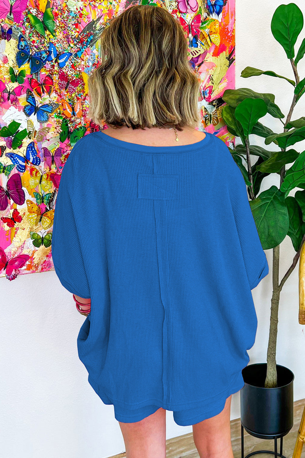 Sky Blue Waffle Knit Oversize Tee and Shorts Set Short Sets JT's Designer Fashion