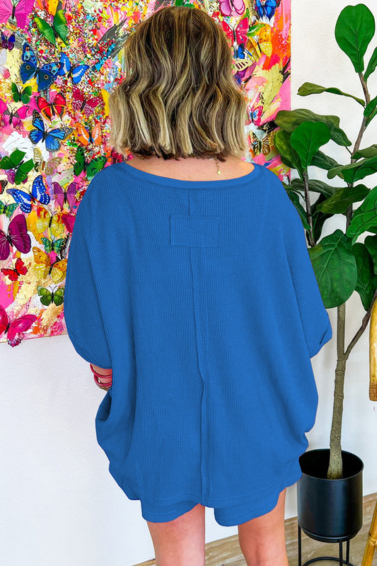 Sky Blue Waffle Knit Oversize Tee and Shorts Set Short Sets JT's Designer Fashion