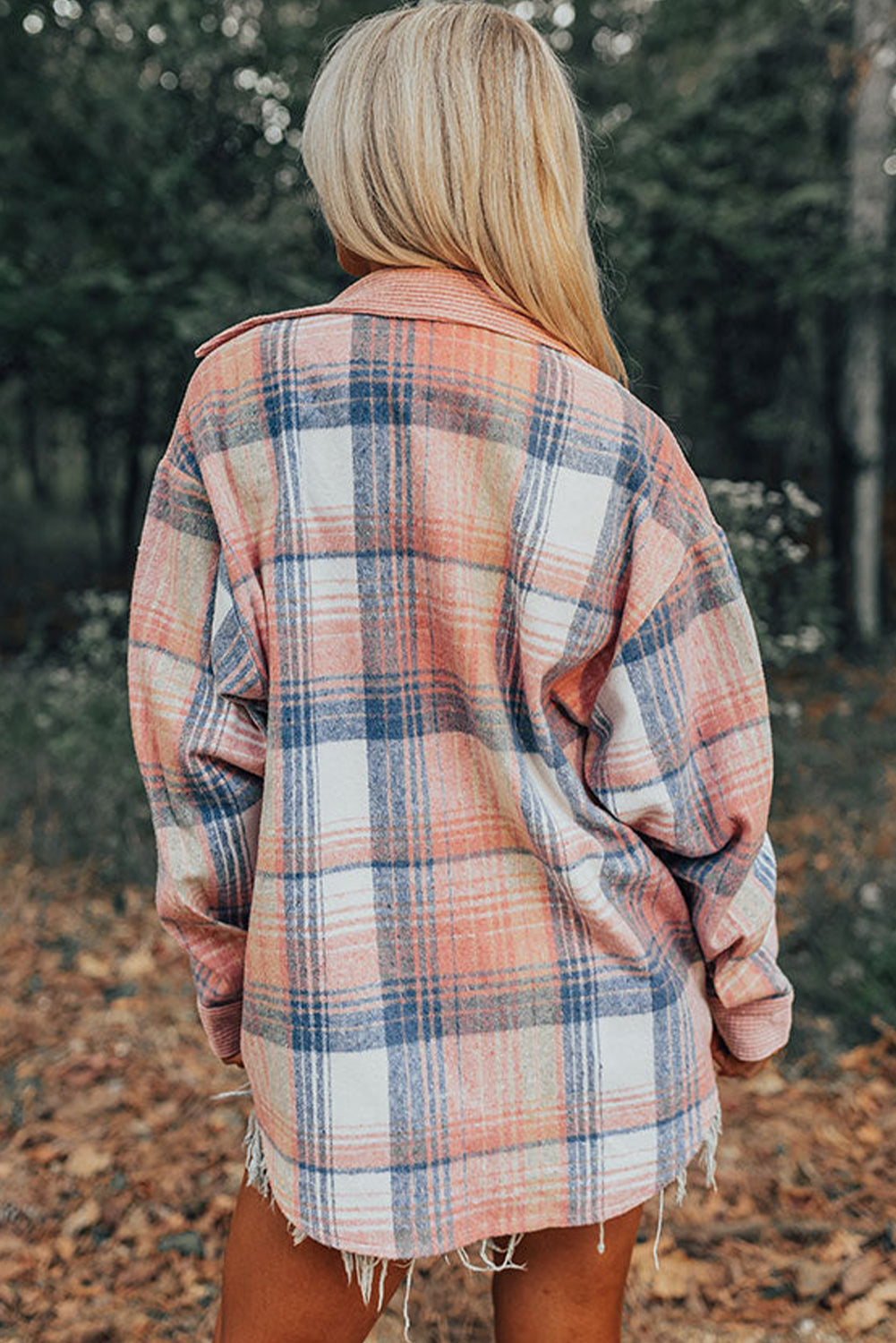 Light Pink Plaid Corduroy Patchwork Chest Pocket Shacket Plaid Shackets JT's Designer Fashion