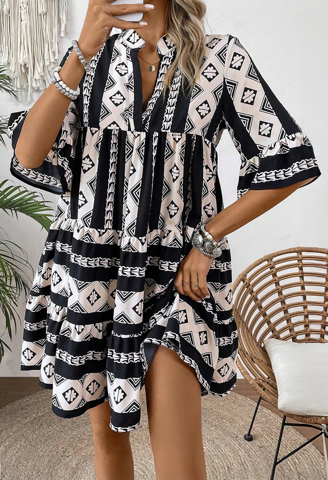 Black Geometric Print V Neck Ruffled Dress Mini Dresses JT's Designer Fashion